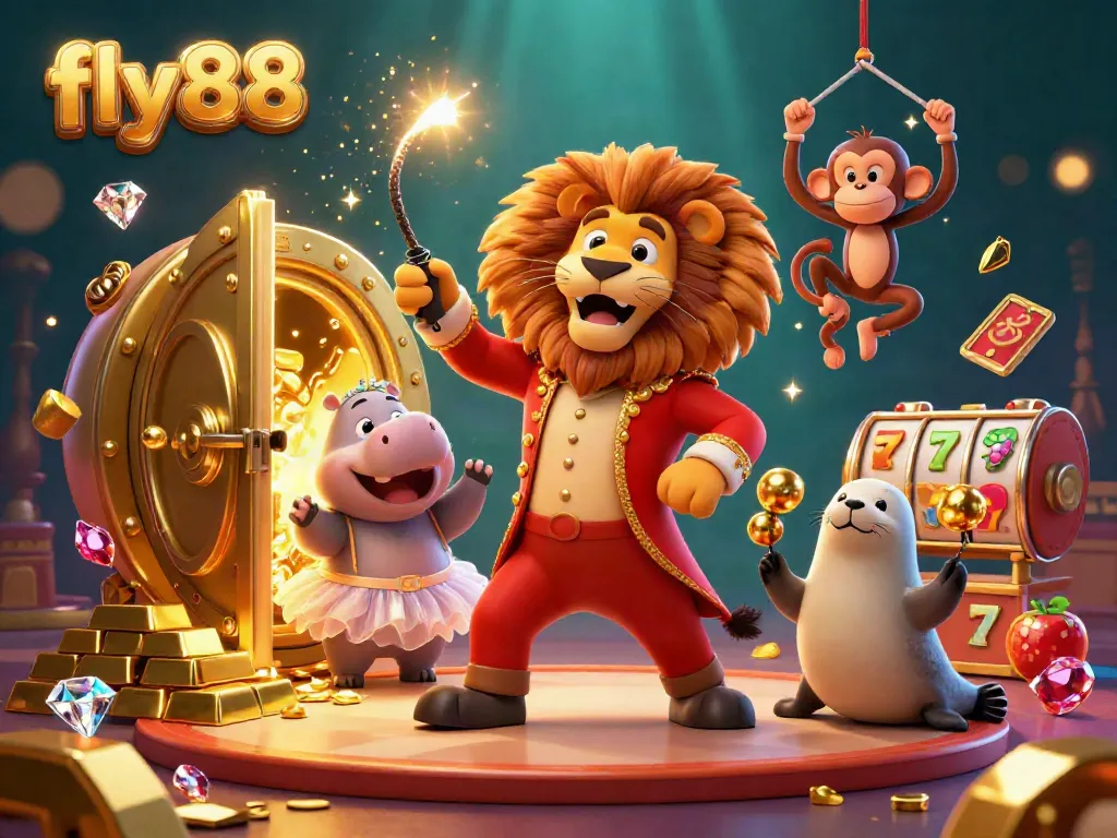 Engage with fly88's vibrant casino world showcasing characters and abundant riches in a dynamic 3D illustration.
