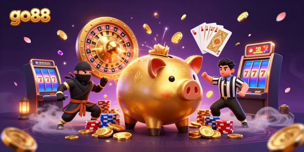 Experience thrilling go88 online gaming with action-packed 3D illustration of characters amidst a cascade of coins