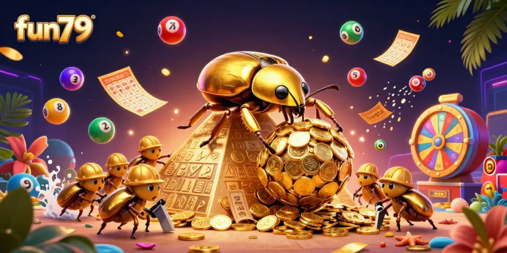 Engage with fun79's exciting casino atmosphere as golden beetles roll coins, showcasing vibrant lottery elements.