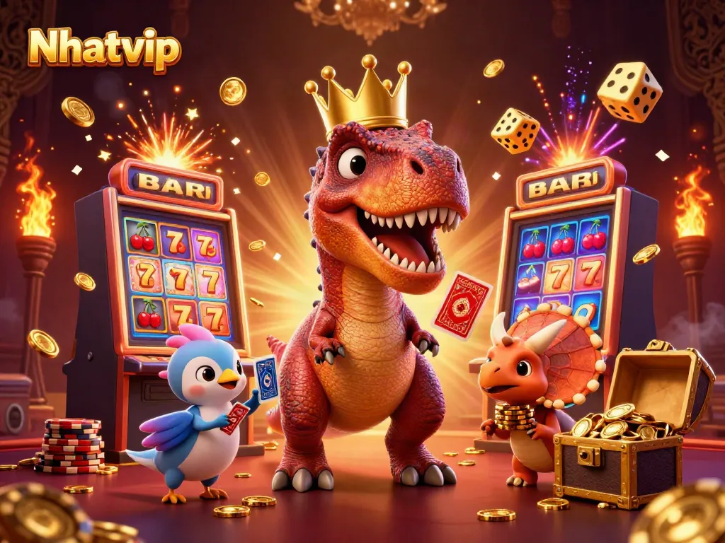 Engage in excitement with Nhatvip's delightful T-Rex and friends in an explosive casino scene.