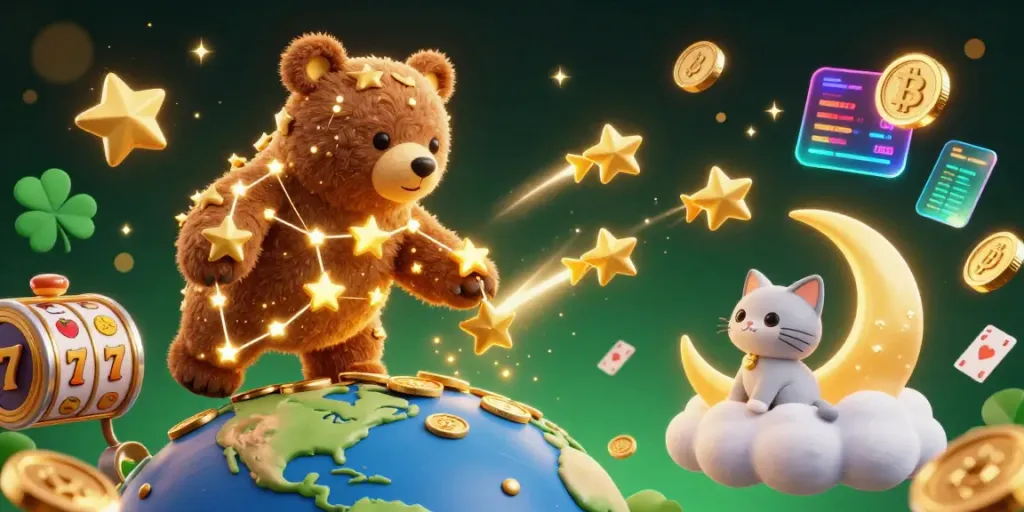 Play and win with ABC8's vibrant casino-themed 3D illustration featuring a constellation bear and golden coins.