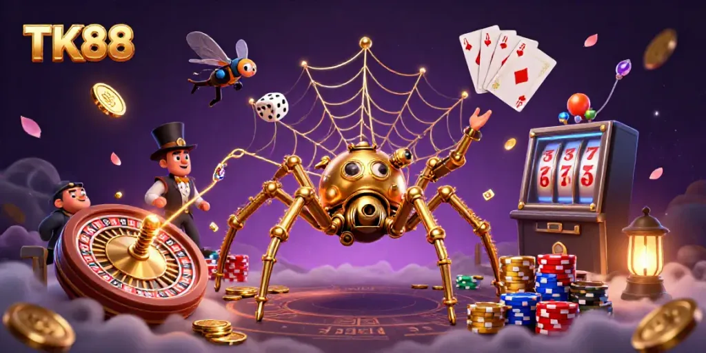 TK88 online gaming scene featuring a steampunk spider capturing dice, vibrant casinoscape atmosphere.