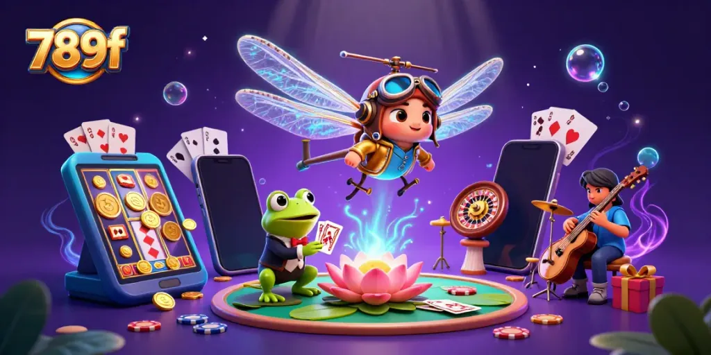 Experience 789f's exciting gaming scene with a dynamic illustration of a dragonfly pilot and frog croupier.
