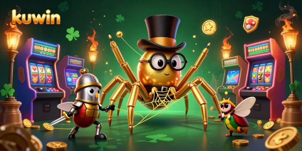 Kuwin offers thrilling gaming experiences with a golden tarantula and beetle knight in a vibrant casino setting.
