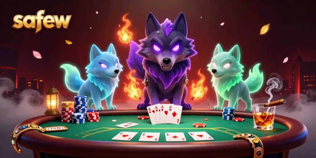 Engage in poker action with safew's dynamic casino scene featuring glowing wolves and vibrant game elements.
