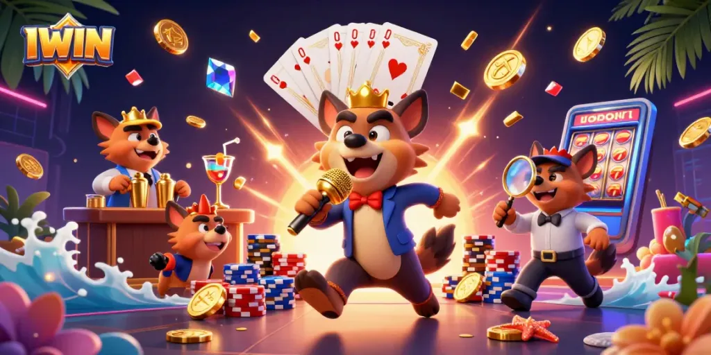 IWIN hyenas animate a lively casino scene, showcasing poker, drinks, and laughter.