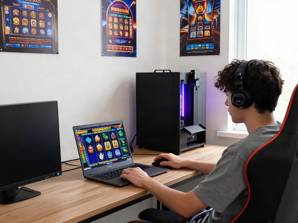 Player enjoying a slot88 game on laptop with Tokyo404 app in vibrant gaming room.