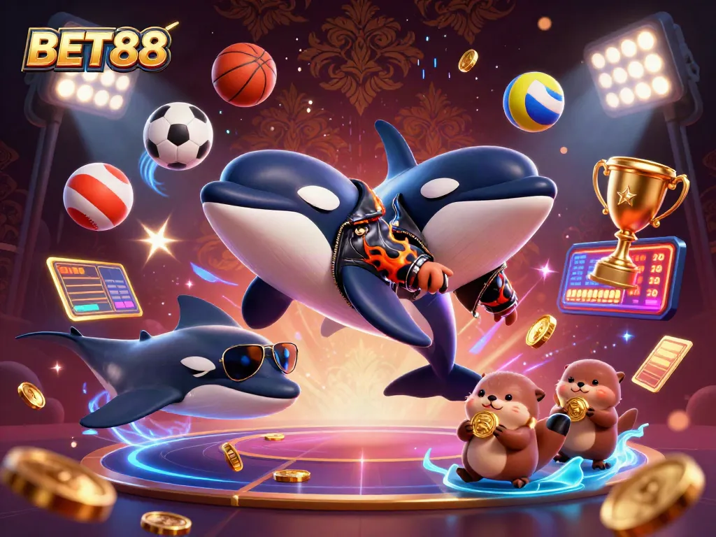BET88 mang đến trải nghiệm đầy màu sắc với cá voi, cá đuối và rái cá cùng tiền vàng.