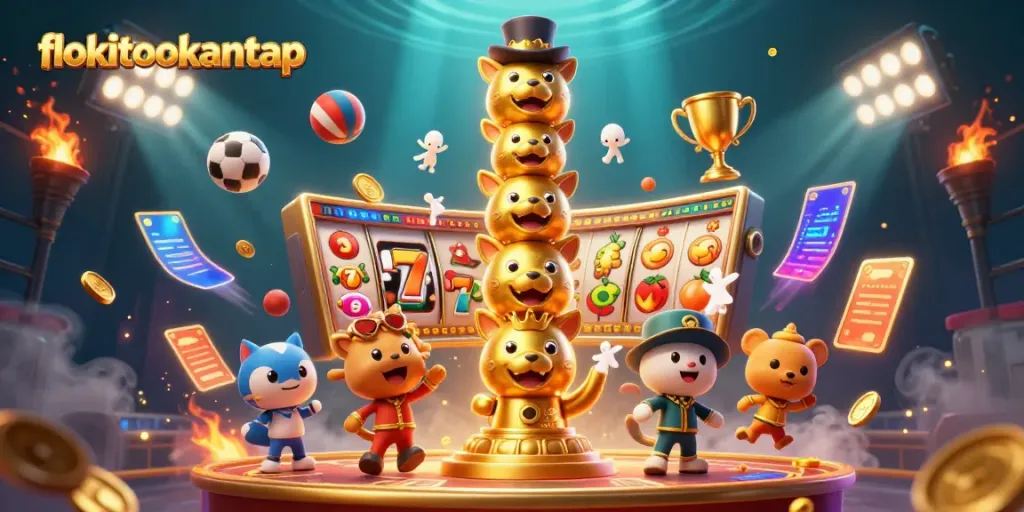 Experience the thrill of gaming with flokitotokantap's dynamic casino scene featuring vibrant slots and sports elements.