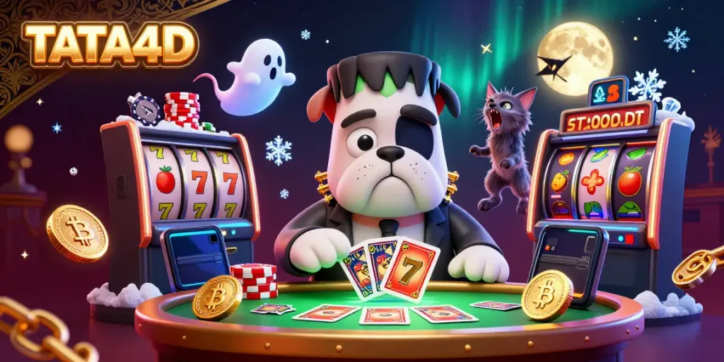 Experience TATA4D with a thrilling 3D illustration of a Frankenstein bulldog dealing cards at a slot table.