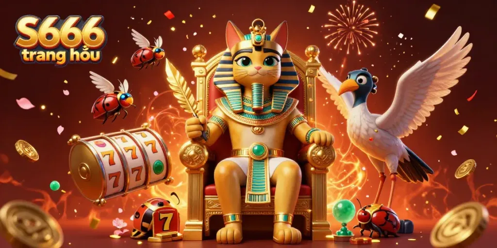 S666 trang chủ showcases vibrant casino elements like slot reels and golden coins, promoting engaging online gaming.