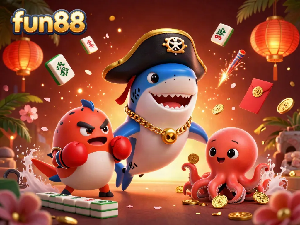 Join the fun88 adventure with a pirate shark, boxing pufferfish, and octopus in a vibrant casino world.