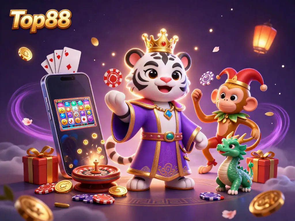 Experience the thrill of Top88 with vibrant 3D characters and dynamic casino elements around them.