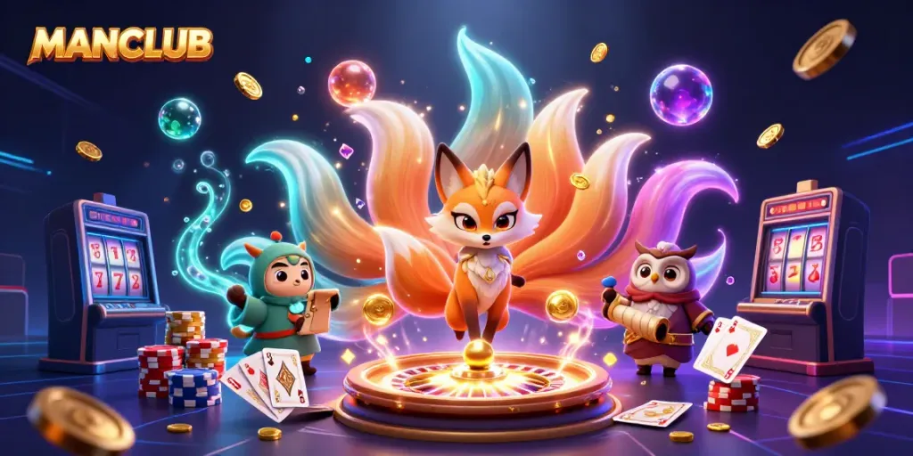 Spin the roulette and win big with MANCLUB's vibrant casino adventure, featuring lucky symbols and golden coins.