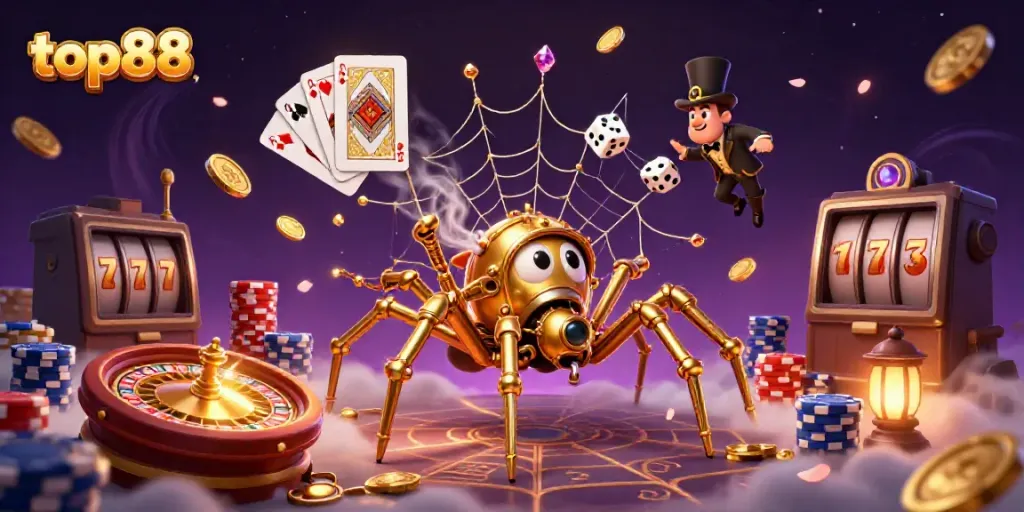 top88 gaming scene featuring a golden spider and dice in a 3D illustration