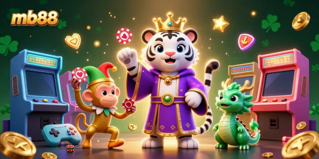 Experience thrilling gameplay at mb88 with a playful jester and elegant tiger surrounded by vibrant casino elements.