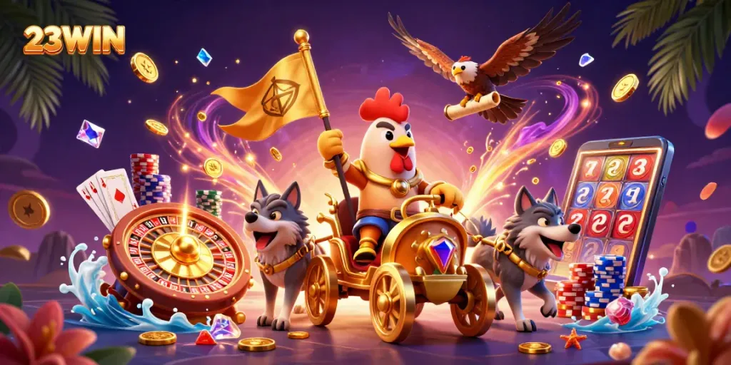 Experience thrilling gaming adventures with 23WIN in this vibrant casino illustration featuring action-packed scenes.