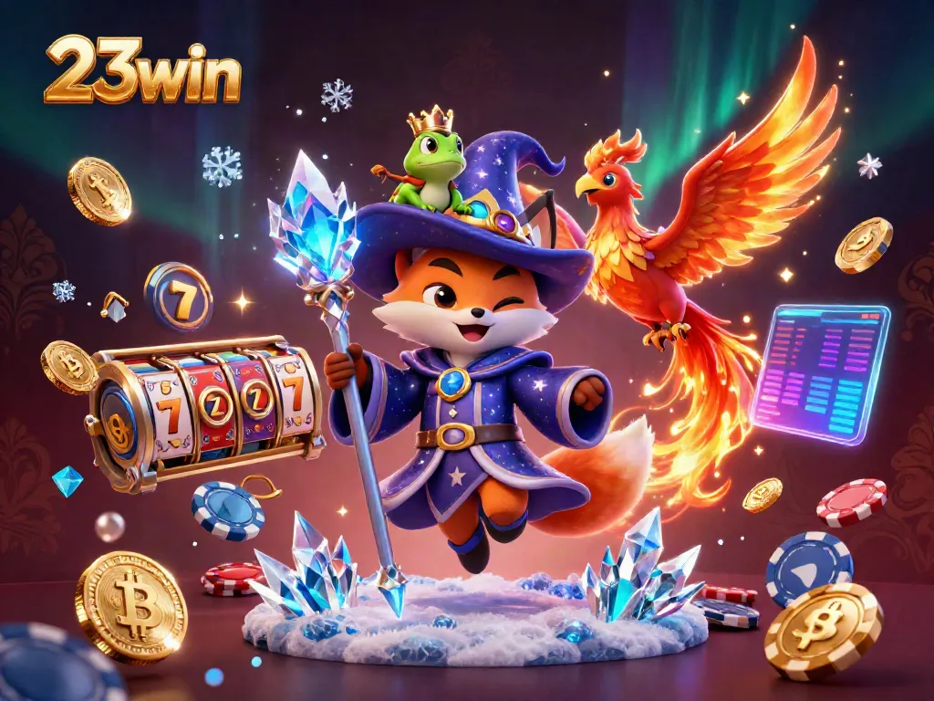Engage with 23win in an enchanting casino scene featuring magical elements and gaming symbols.
