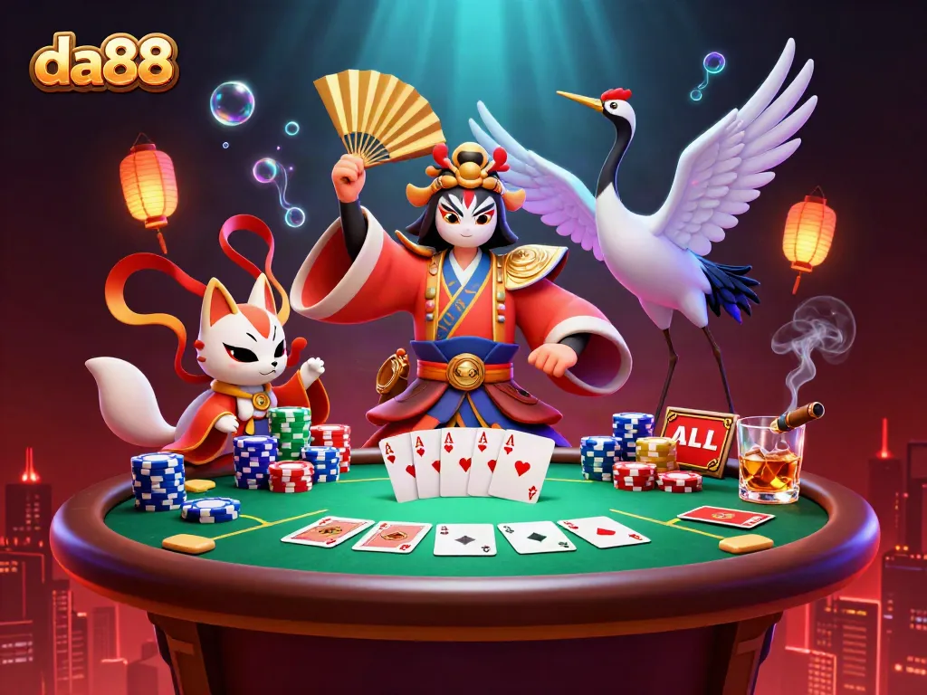 Experience the excitement of da88 with a vibrant illustration capturing poker action, kabuki warriors, and casino elements.
