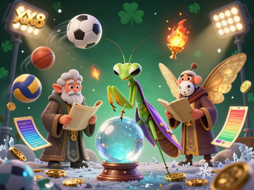 Experience the magic of gambling with XX8 in a vibrant, dynamic 3D illustration featuring a fortune teller, librarian, and energetic sports elements.