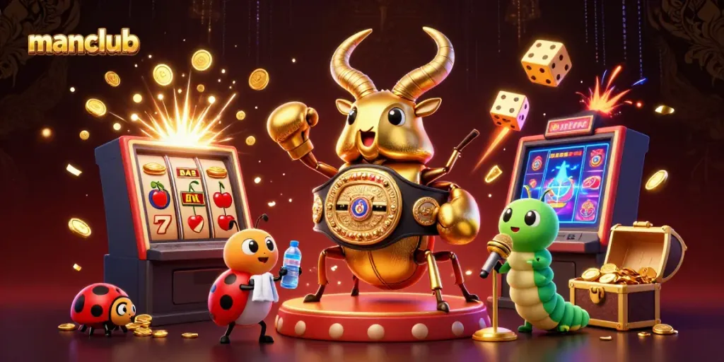 Experience the excitement of manclub gaming with a vibrant illustration of characters amidst jackpot celebrations.
