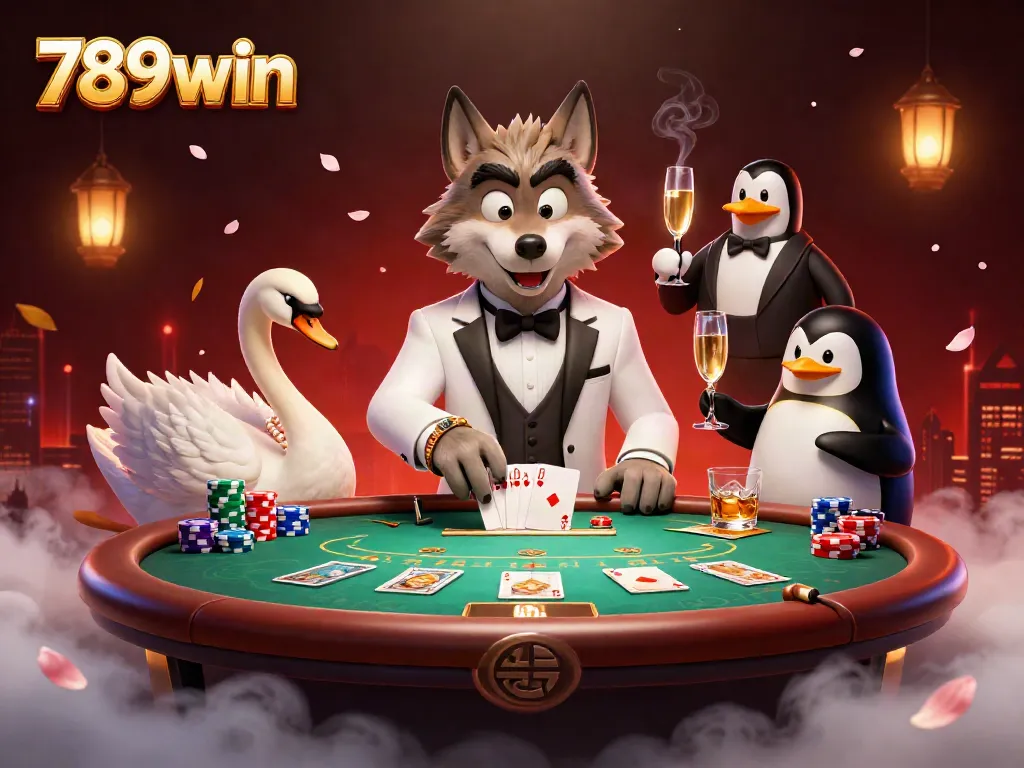 Join the elegant 789win scene with a debonair wolf, swan dealer, and penguin sommelier amid a vibrant casino.