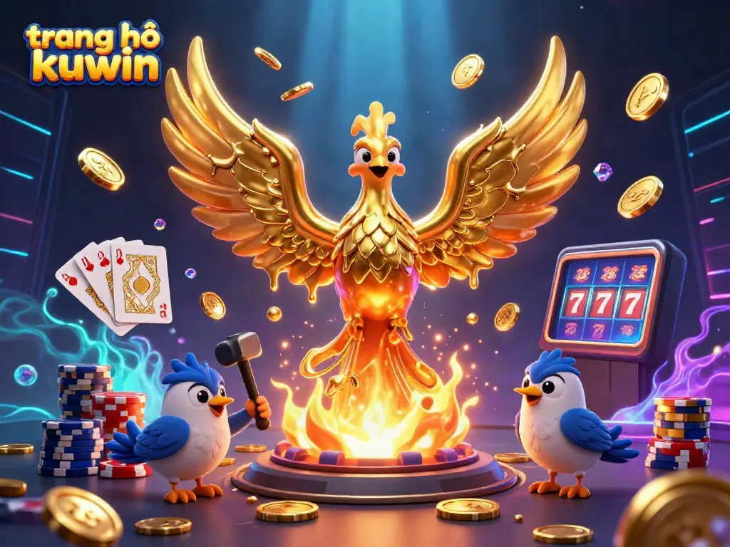 Experience a vibrant 3D scene of the trang chủ kuwin galaxy with a golden phoenix and casino elements.