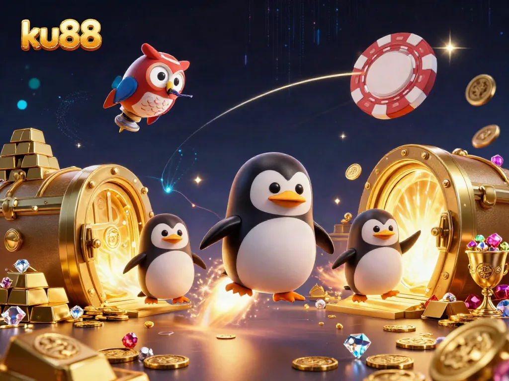 Experience thrilling wins at ku88 with a golden penguin soaring to a casino space station surrounded by treasures.
