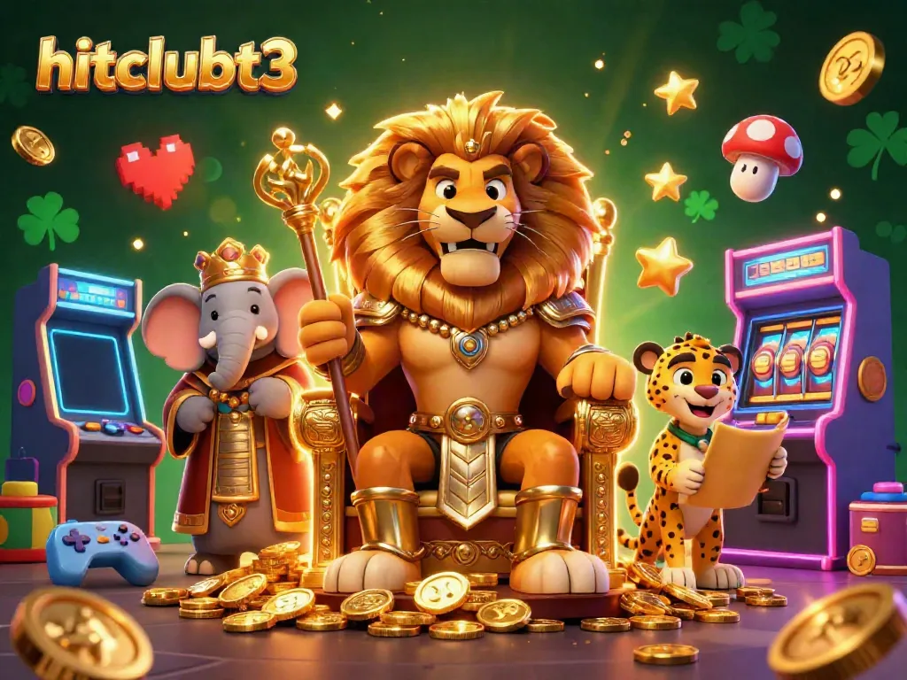 Hitclubt3 showcases a fantasy scene with a lion king, elephant advisor, and cheetah messenger surrounded by vibrant casino elements.