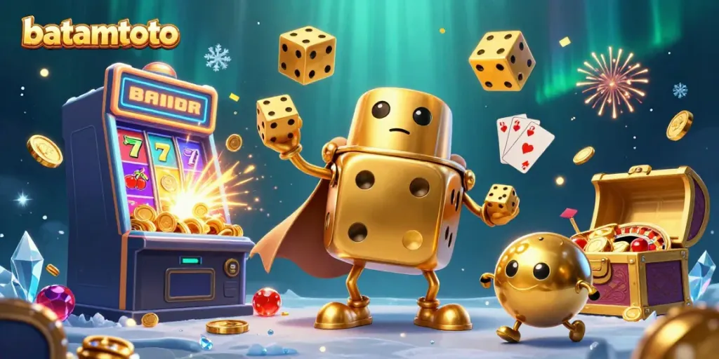 Win big with batamtoto in a vibrant 3D casino scene filled with golden dice, slot machines, and jackpots.