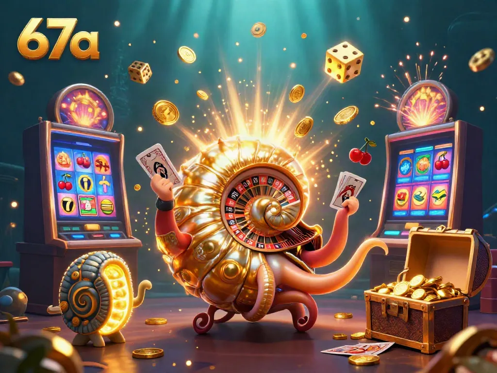 Experience the thrilling world of 67a with a giant nautilus roulette and vibrant casino elements.