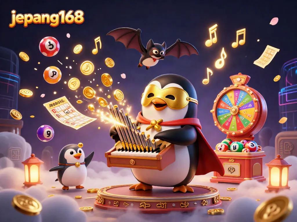 Experience thrilling entertainment with Jepang168's vibrant gaming scene featuring a penguin organist.
