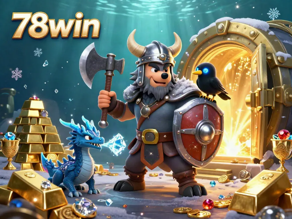 Experience the excitement of 78win with a dynamic illustration featuring a Viking wolf warrior, ice-breathing dragon, and treasures galore.