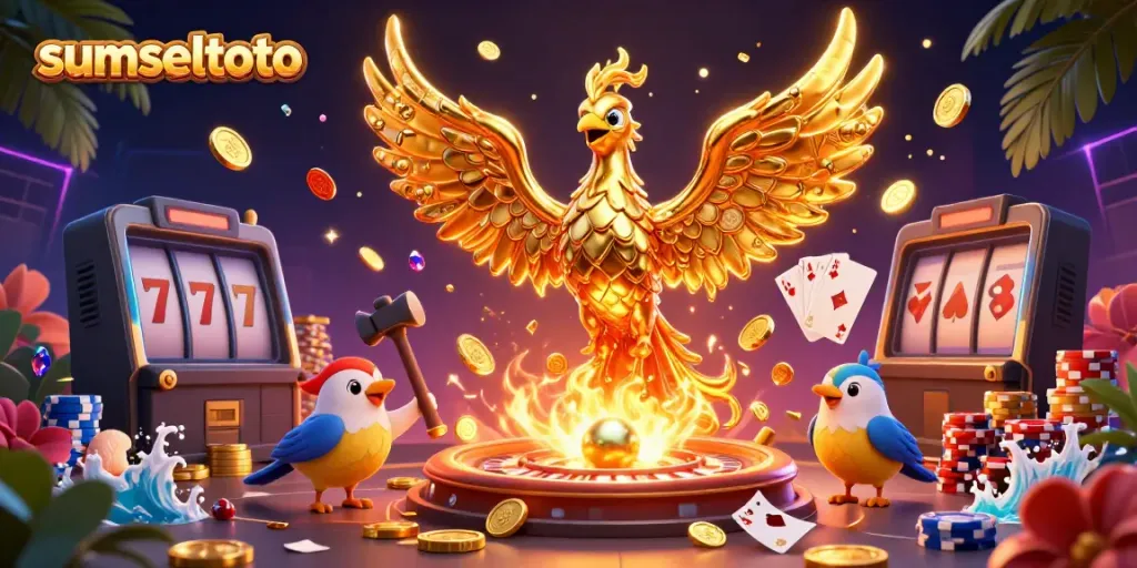 Experience the excitement of sumseltoto with a vibrant, dynamic casino scene featuring a golden phoenix, coins, and game elements.
