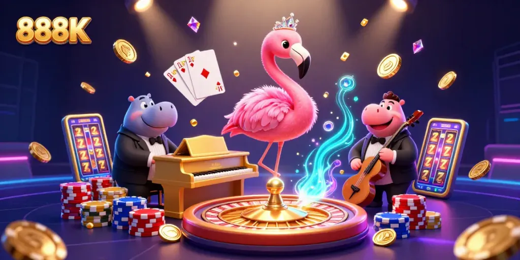 Celebrate wins at 888K with vibrant casino characters enjoying a dynamic gaming atmosphere.