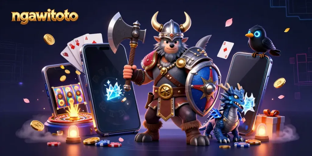 Permainan slot NGAWITOTO: slot online seru dengan karakter Viking, naga, dan burung raven.