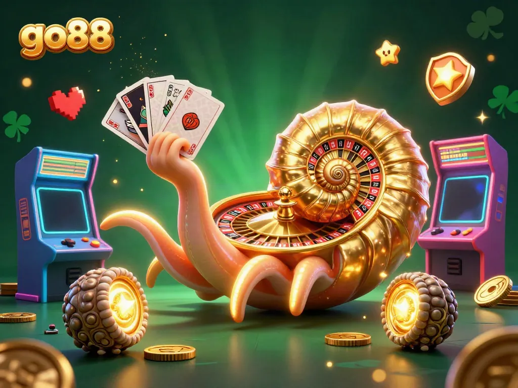 Engage in go88 gaming with a vibrant 3D nautilus symbolizing excitement, featuring casino elements.