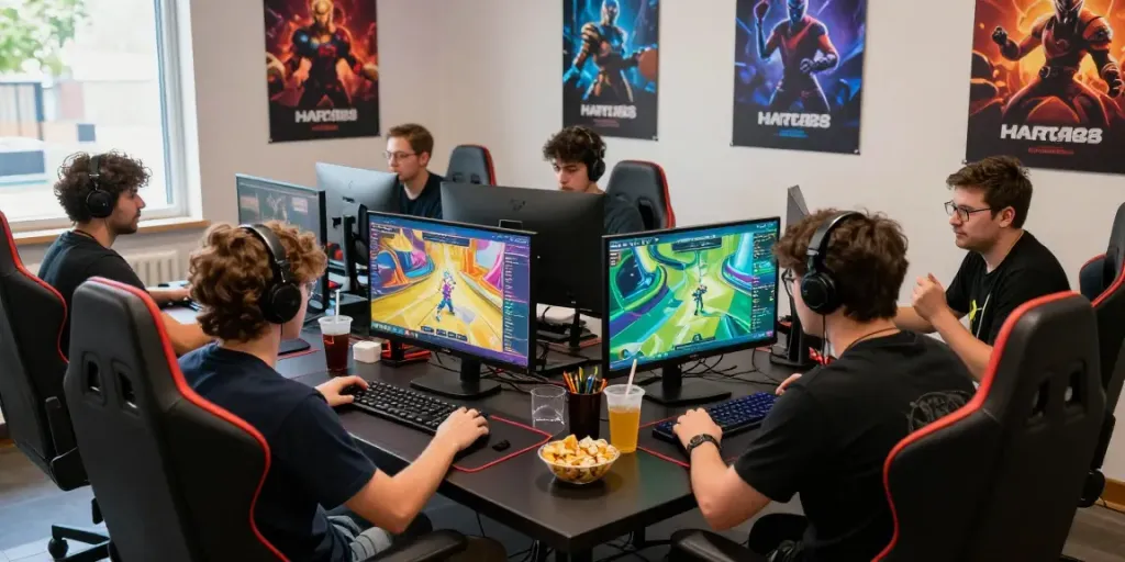 Engaged players strategizing on harta88 gaming platform, vibrant atmosphere, snacks, and colorful monitors.