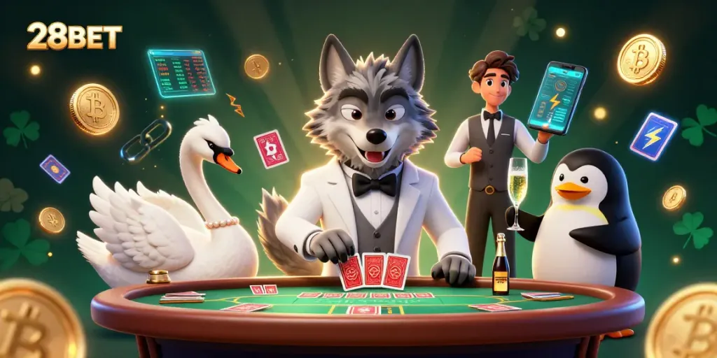 Betting big at 28BET with cartoon characters around a vibrant baccarat table.