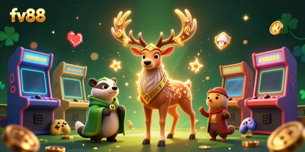Experience the dynamic world of fv88 with colorful game elements, creatures, and 3D visuals.