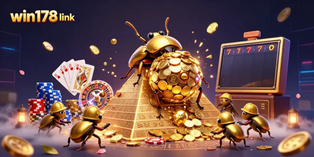 Experience thrilling gameplay at win178 link with gold coins cascading around a giant beetle and vibrant casino elements.