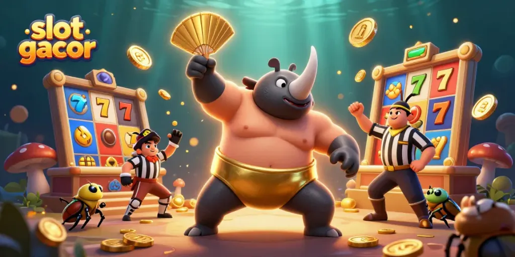 Experience slot gacor action with a sumo beetle stomping gold coins amidst colorful game elements