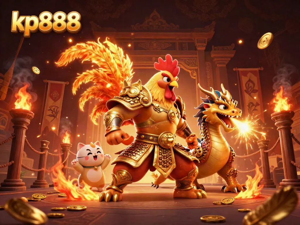 Win big with kp888: A powerful rooster warrior and dragon in a dynamic gambling showdown illustration.