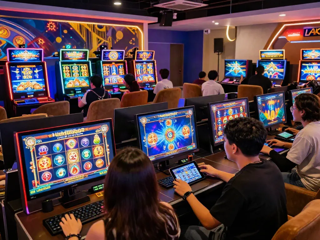 Players enjoying lumbung88 online slot games in a modern gaming environment filled with vibrant colors.