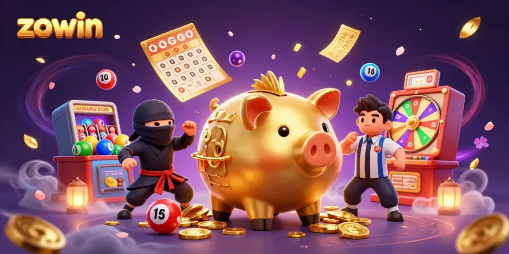 Engage in thrilling gaming adventure with Zowin's dynamic character scene featuring a lively piggy bank and vibrant lottery elements.