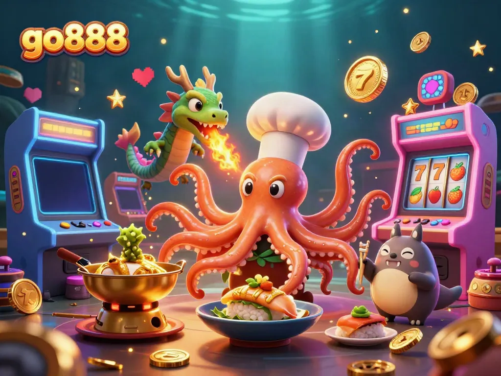 Experience the vibrant world of go888 with a dynamic casino scene featuring creatures and slot machines.