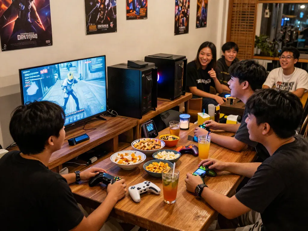 Group enjoying gaming together at warung168, vibrant atmosphere with snacks and consoles.