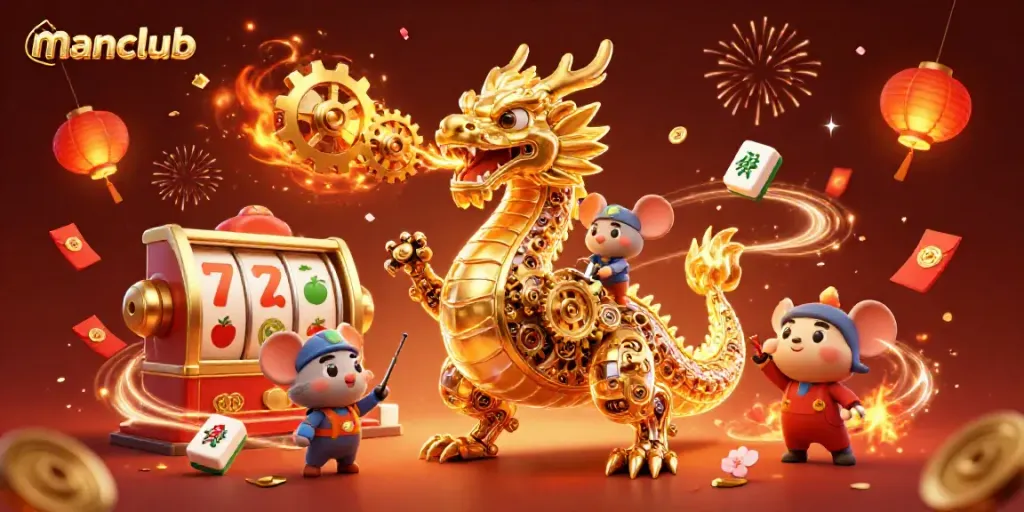 Experience thrilling jackpot wins at manclub, featuring golden dragon and lively casino elements in an energetic scene.
