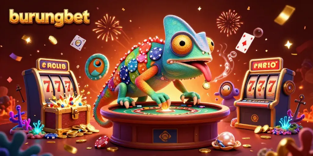 Experience thrilling slots with burungbet's colorful chameleon casino owner amidst jackpot reels and vibrant game elements.