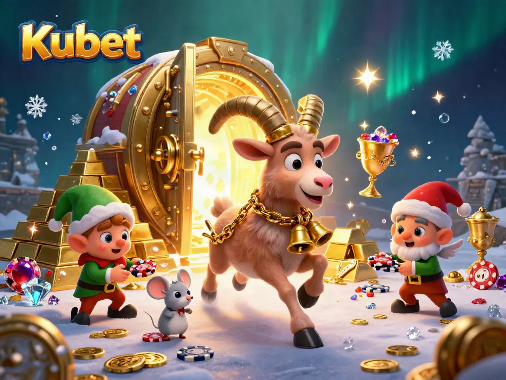 Kubet serves up a festive casino scene with a Krampus goat, angel mouse, and elf gremlins amid sparkling treasures.